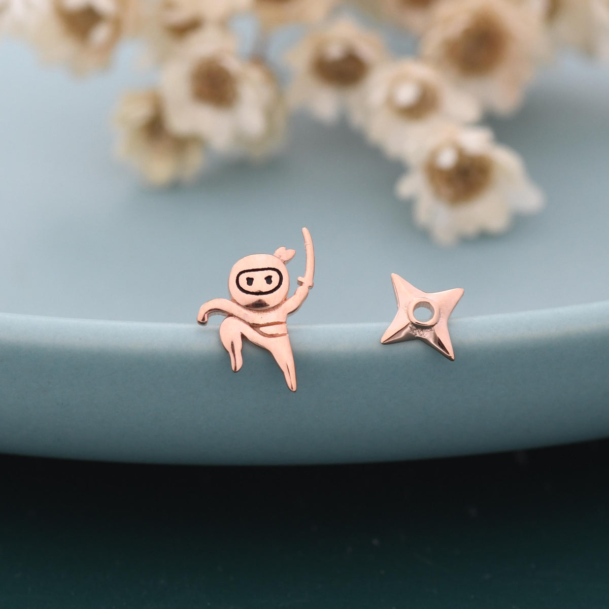 Mismatched Ninja and Ninja Shuriken Star Stud Earrings in Sterling Silver, Silver or Gold or Rose Gold or Black, Asymmetric Ninja Earrings