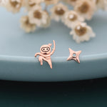 Mismatched Ninja and Ninja Shuriken Star Stud Earrings in Sterling Silver, Silver or Gold or Rose Gold or Black, Asymmetric Ninja Earrings