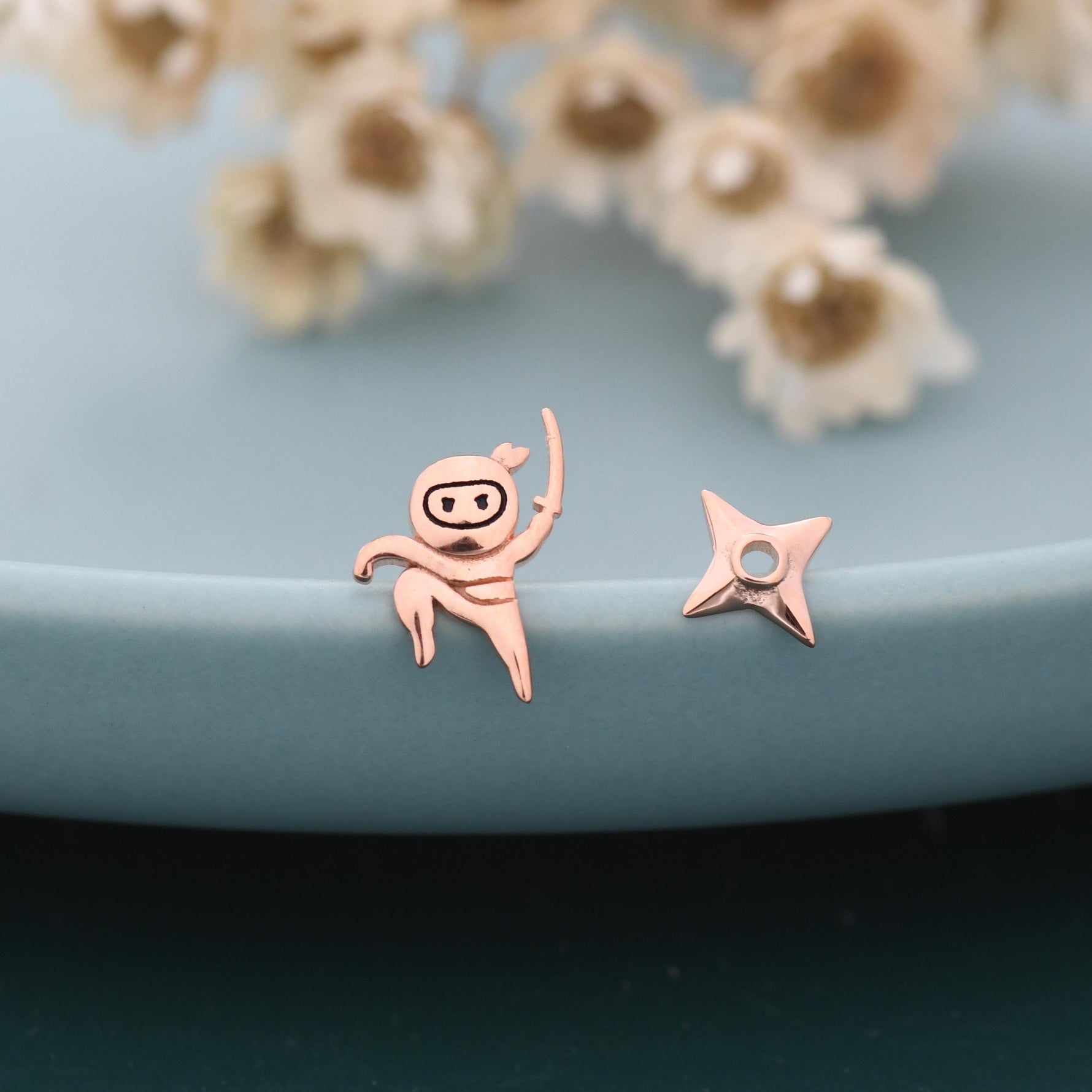 Mismatched Ninja and Ninja Shuriken Star Stud Earrings in Sterling Silver, Silver or Gold or Rose Gold or Black, Asymmetric Ninja Earrings