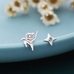 Mismatched Ninja and Ninja Shuriken Star Stud Earrings in Sterling Silver, Silver or Gold or Rose Gold or Black, Asymmetric Ninja Earrings