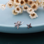 Mismatched Ninja and Ninja Shuriken Star Stud Earrings in Sterling Silver, Silver or Gold or Rose Gold or Black, Asymmetric Ninja Earrings