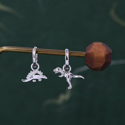 Sterling Silver Mismatched Dinosaur Dangle Hoop Earrings, Silver, Gold or Rose Gold,Asymmetric Stegosaurus and T Rex Huggie Hoops,