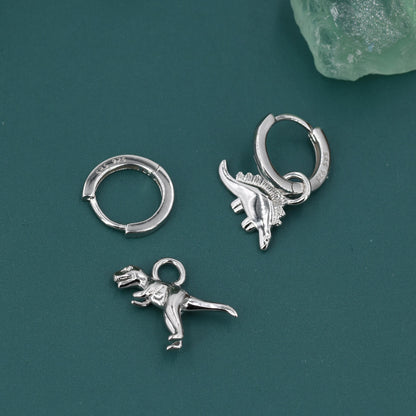 Sterling Silver Mismatched Dinosaur Dangle Hoop Earrings, Silver, Gold or Rose Gold,Asymmetric Stegosaurus and T Rex Huggie Hoops,