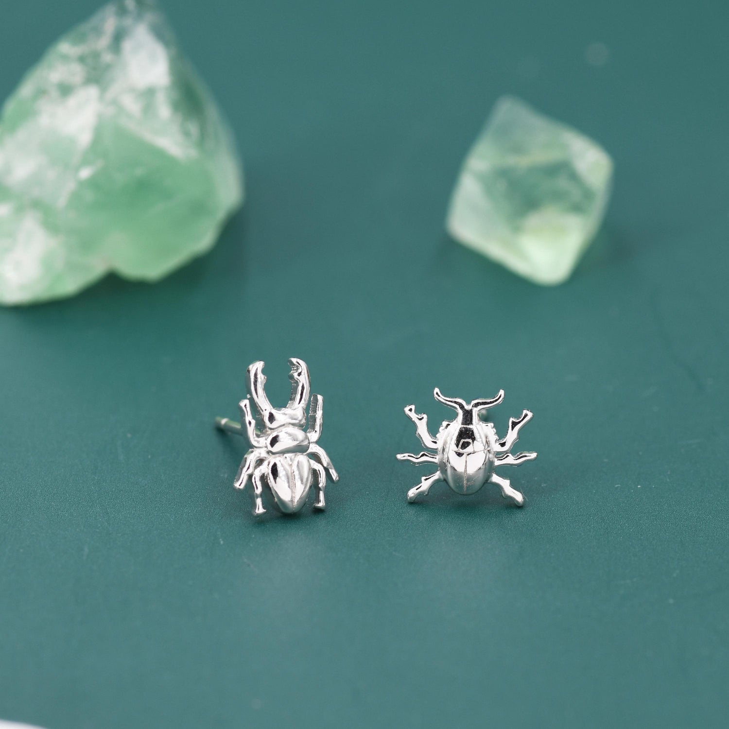 Tiny Mismatched Stag Beetle Stud Earrings in Sterling Silver, Silver or Gold or Rose Gold, Asymmetric Beetle Earrings, Bugs Earrings,