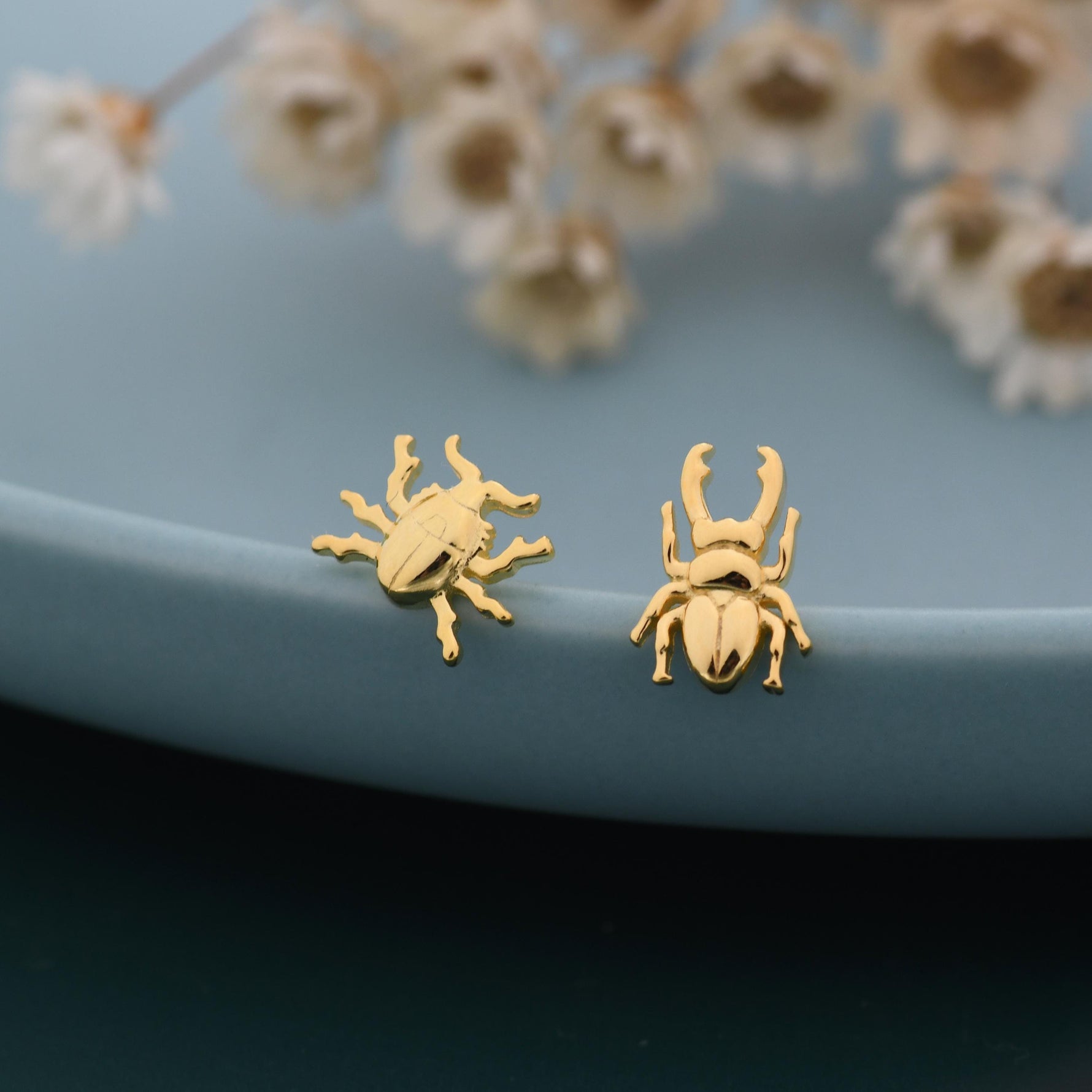 Tiny Mismatched Stag Beetle Stud Earrings in Sterling Silver, Silver or Gold or Rose Gold, Asymmetric Beetle Earrings, Bugs Earrings,
