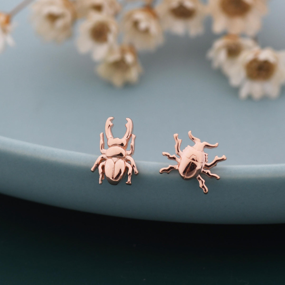 Tiny Mismatched Stag Beetle Stud Earrings in Sterling Silver, Silver or Gold or Rose Gold, Asymmetric Beetle Earrings, Bugs Earrings,