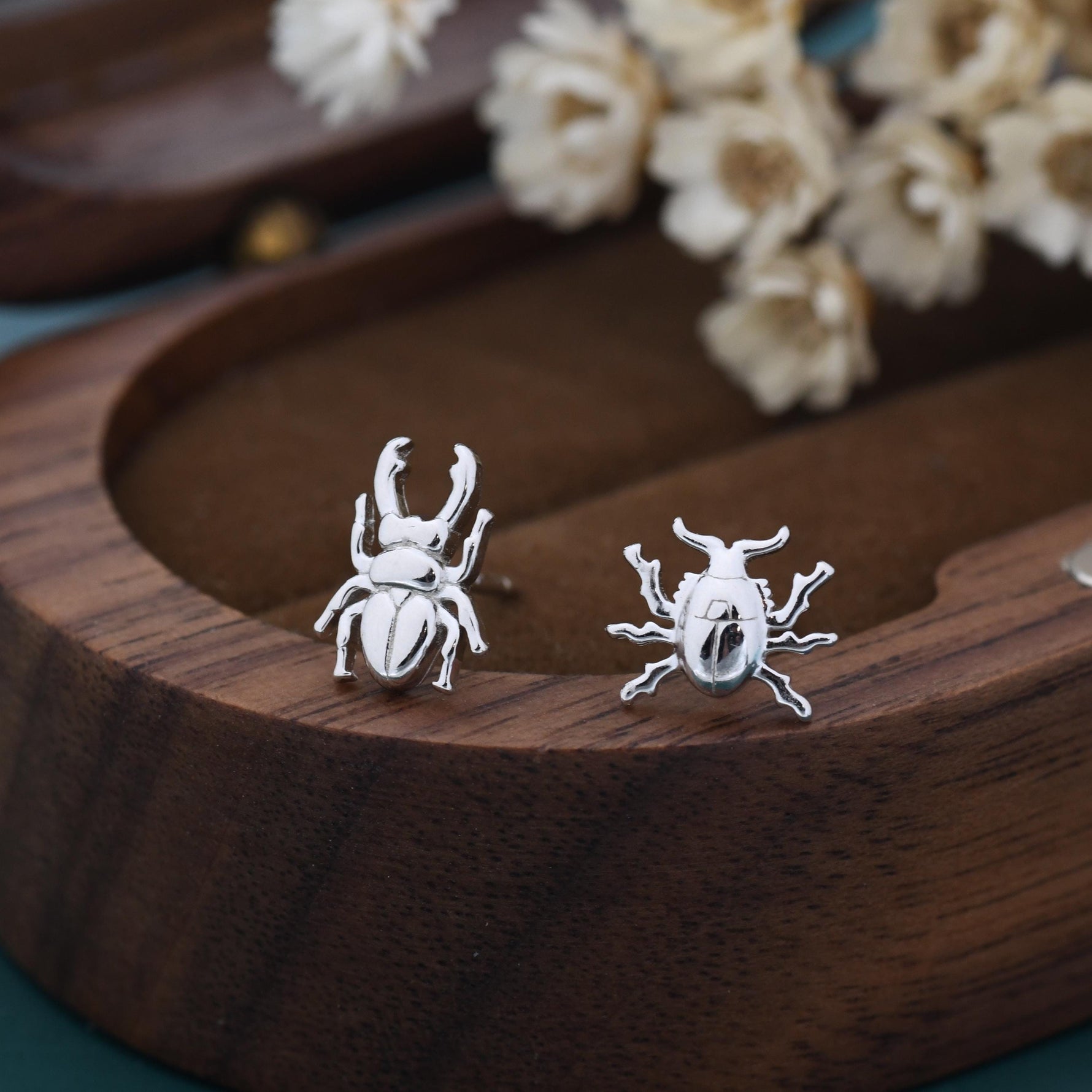 Tiny Mismatched Stag Beetle Stud Earrings in Sterling Silver, Silver or Gold or Rose Gold, Asymmetric Beetle Earrings, Bugs Earrings,