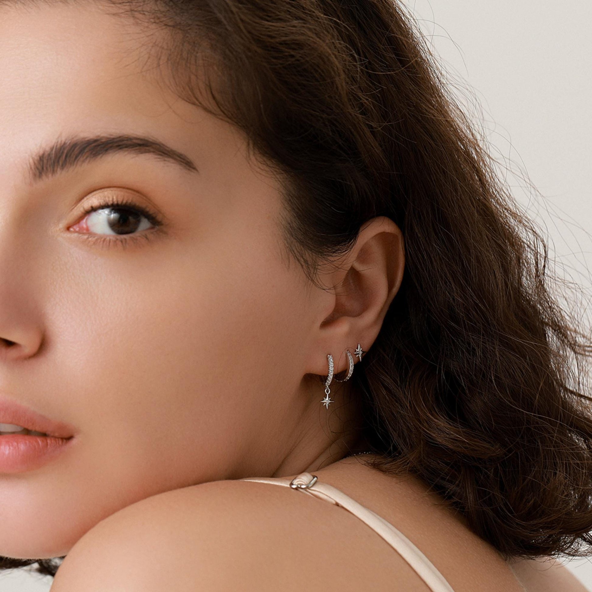 Tiny CZ Starburst Huggie Hoop Earrings in Sterling Silver, Silver or Gold, North Star Earrings, Sunburst Earrings, Celestial