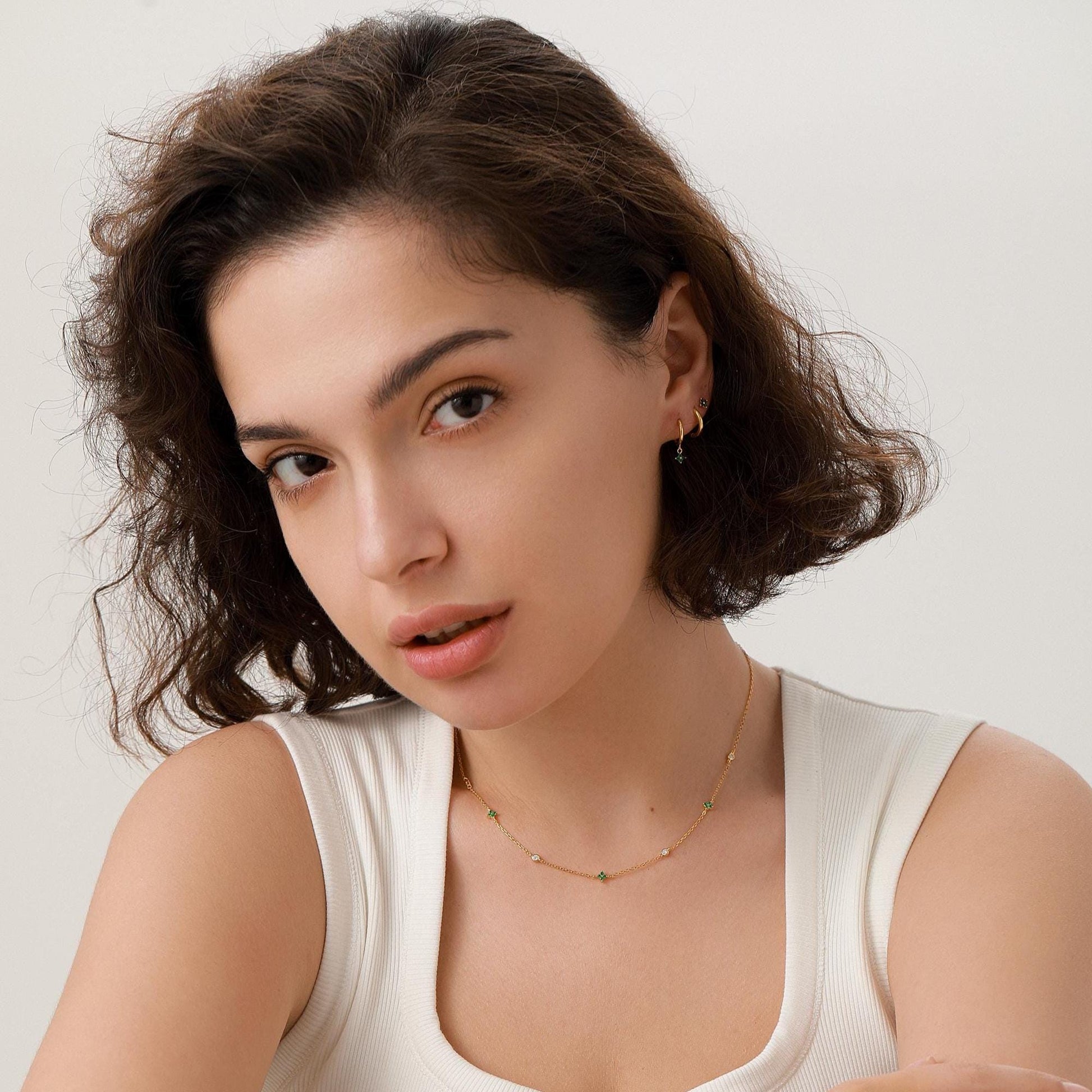 Hydrangea Flower Motif CZ Necklace in Sterling Silver, Silver or Gold, Emerald Green or Clear Three CZ Satellite Crystal Necklace,