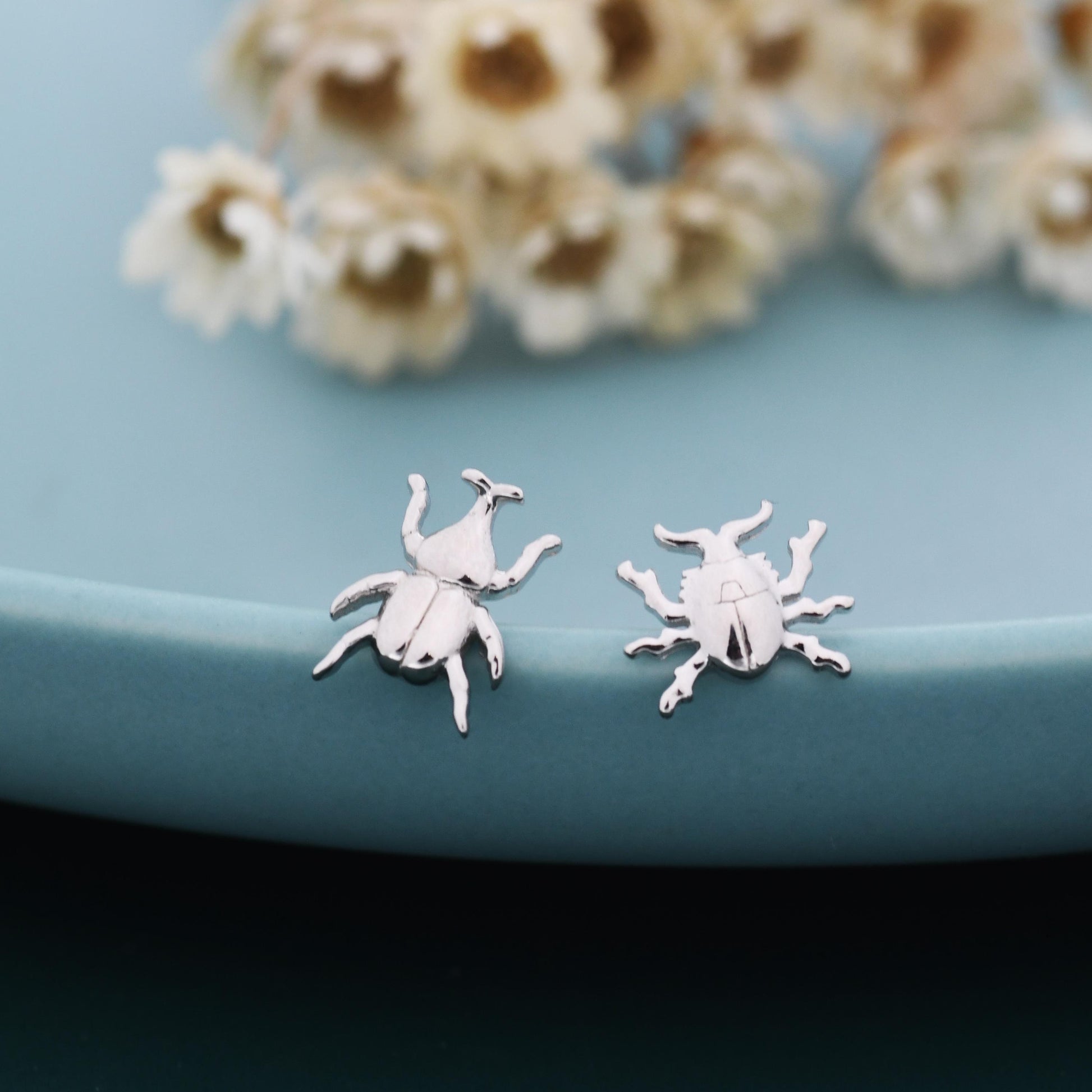 Tiny Mismatched Little Stag Beetle Stud Earrings in Sterling Silver, Silver or Gold, Asymmetric Beetle Earrings, Bugs Earrings, Bugs Stud