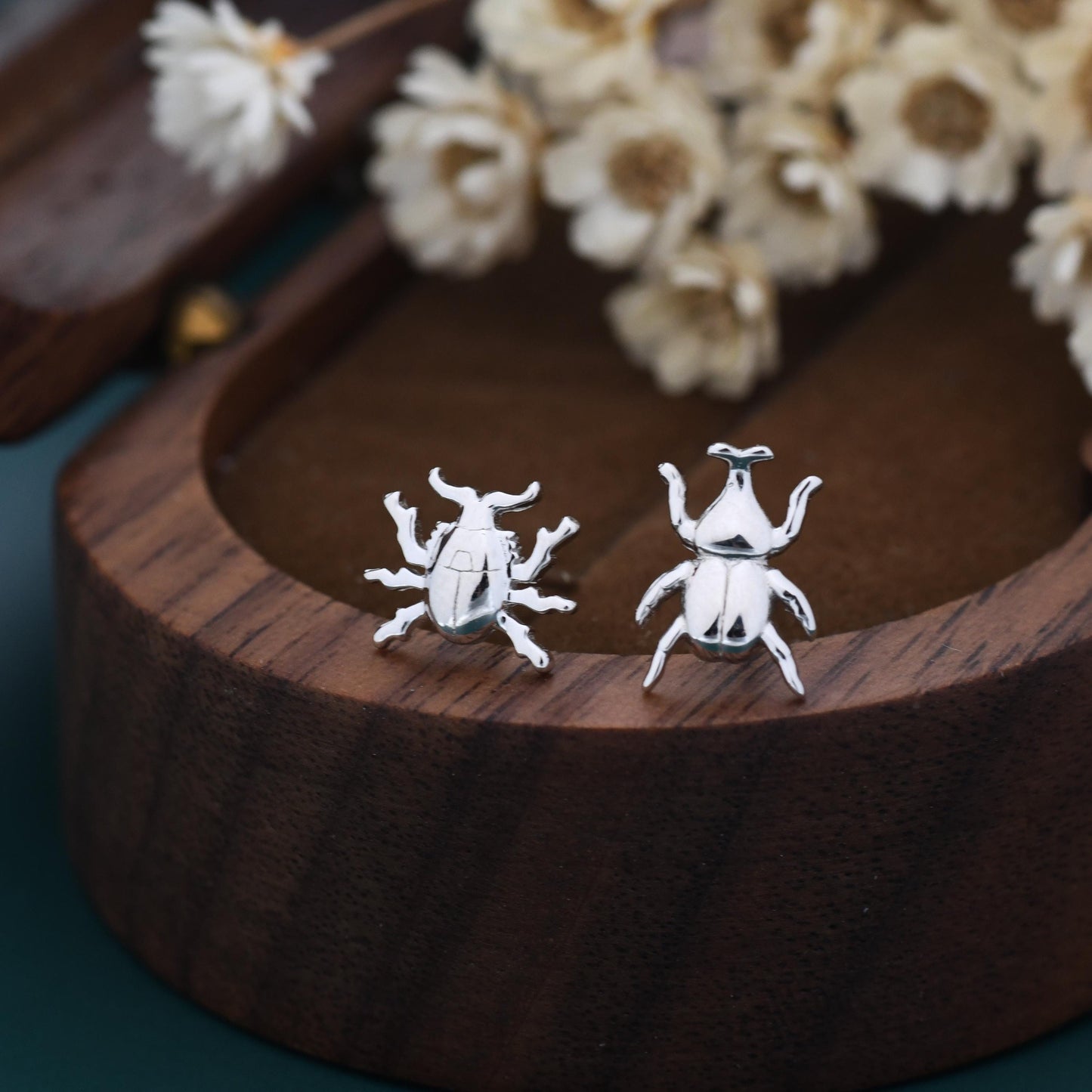 Tiny Mismatched Little Stag Beetle Stud Earrings in Sterling Silver, Silver or Gold, Asymmetric Beetle Earrings, Bugs Earrings, Bugs Stud