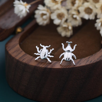 Tiny Mismatched Little Stag Beetle Stud Earrings in Sterling Silver, Silver or Gold, Asymmetric Beetle Earrings, Bugs Earrings, Bugs Stud