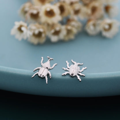 Tiny Mismatched Little Stag Beetle Stud Earrings in Sterling Silver, Silver or Gold, Asymmetric Beetle Earrings, Bugs Earrings, Bugs Stud