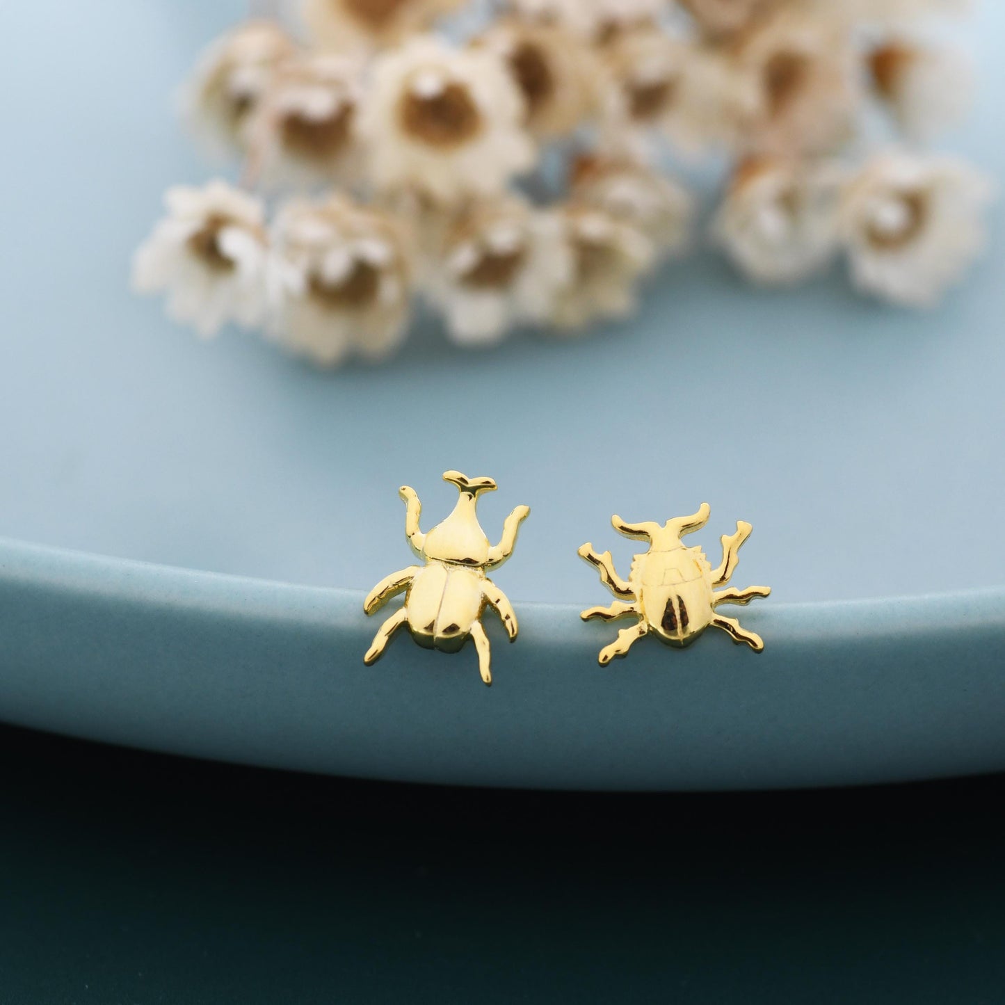 Tiny Mismatched Little Stag Beetle Stud Earrings in Sterling Silver, Silver or Gold, Asymmetric Beetle Earrings, Bugs Earrings, Bugs Stud