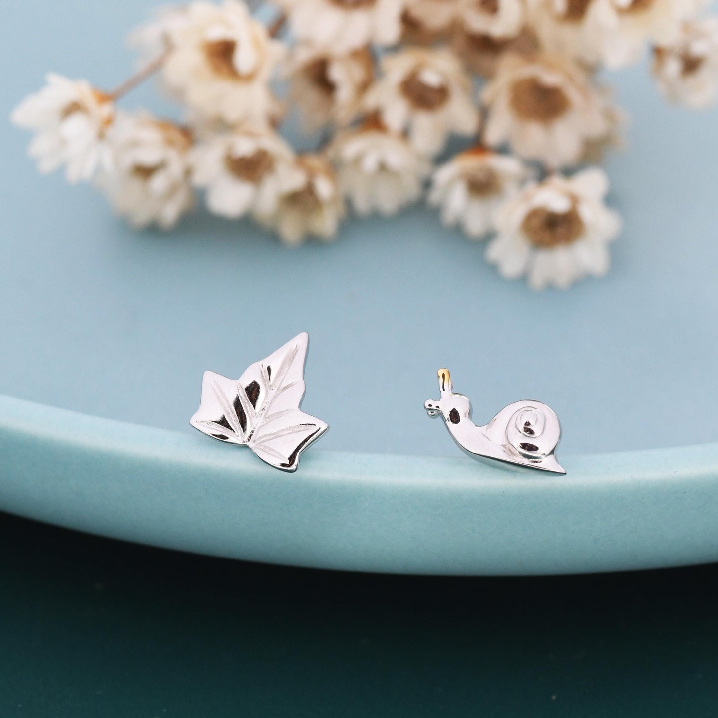 Mismatched Snail and Ivy Leaf Stud Earrings in Sterling Silver, Asymmetric Ivy Leaf and Snail Nature Inspired Animal Earrings