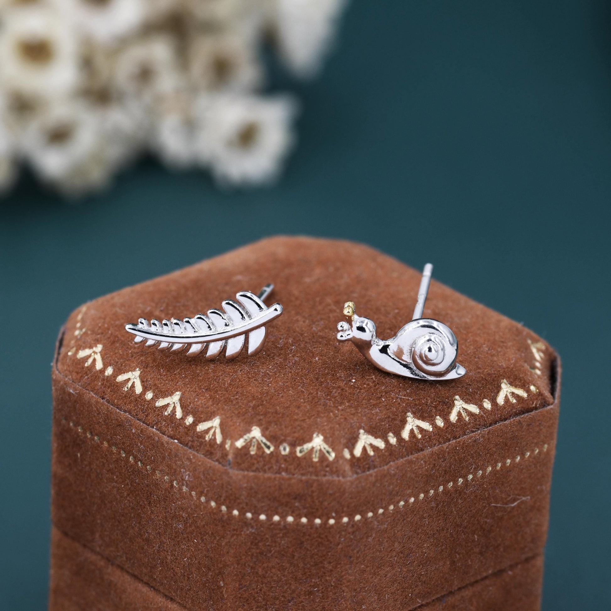 Mismatched Snail and Fern Leaf Stud Earrings in Sterling Silver, Asymmetric Fern Leaf and Snail Nature Inspired Animal Earrings