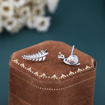 Mismatched Snail and Fern Leaf Stud Earrings in Sterling Silver, Asymmetric Fern Leaf and Snail Nature Inspired Animal Earrings
