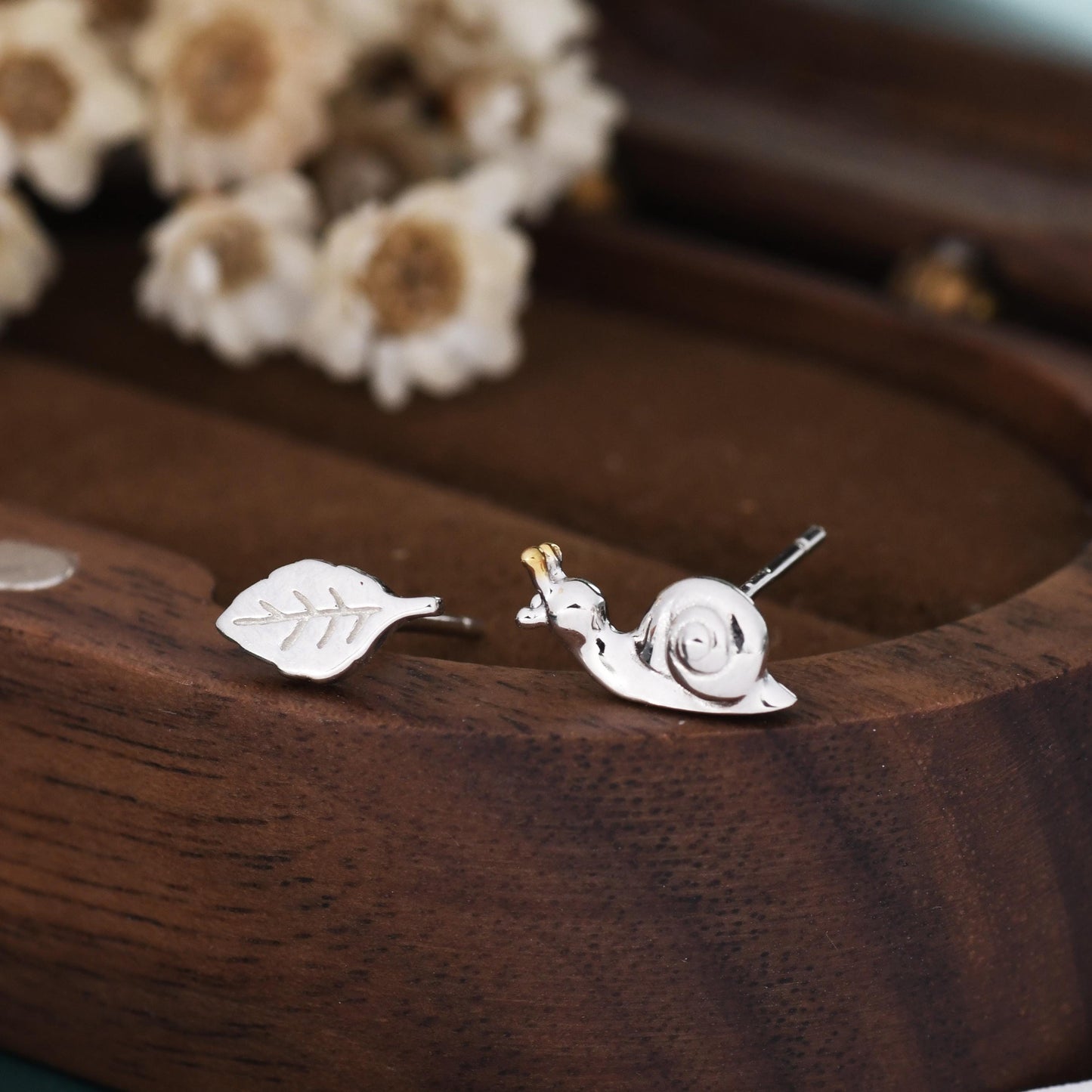 Mismatched Snail and Leaf Stud Earrings in Sterling Silver, Asymmetric Tiny Leaf and Snail Nature Inspired Animal Earrings