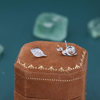 Mismatched Snail and Leaf Stud Earrings in Sterling Silver, Asymmetric Tiny Leaf and Snail Nature Inspired Animal Earrings