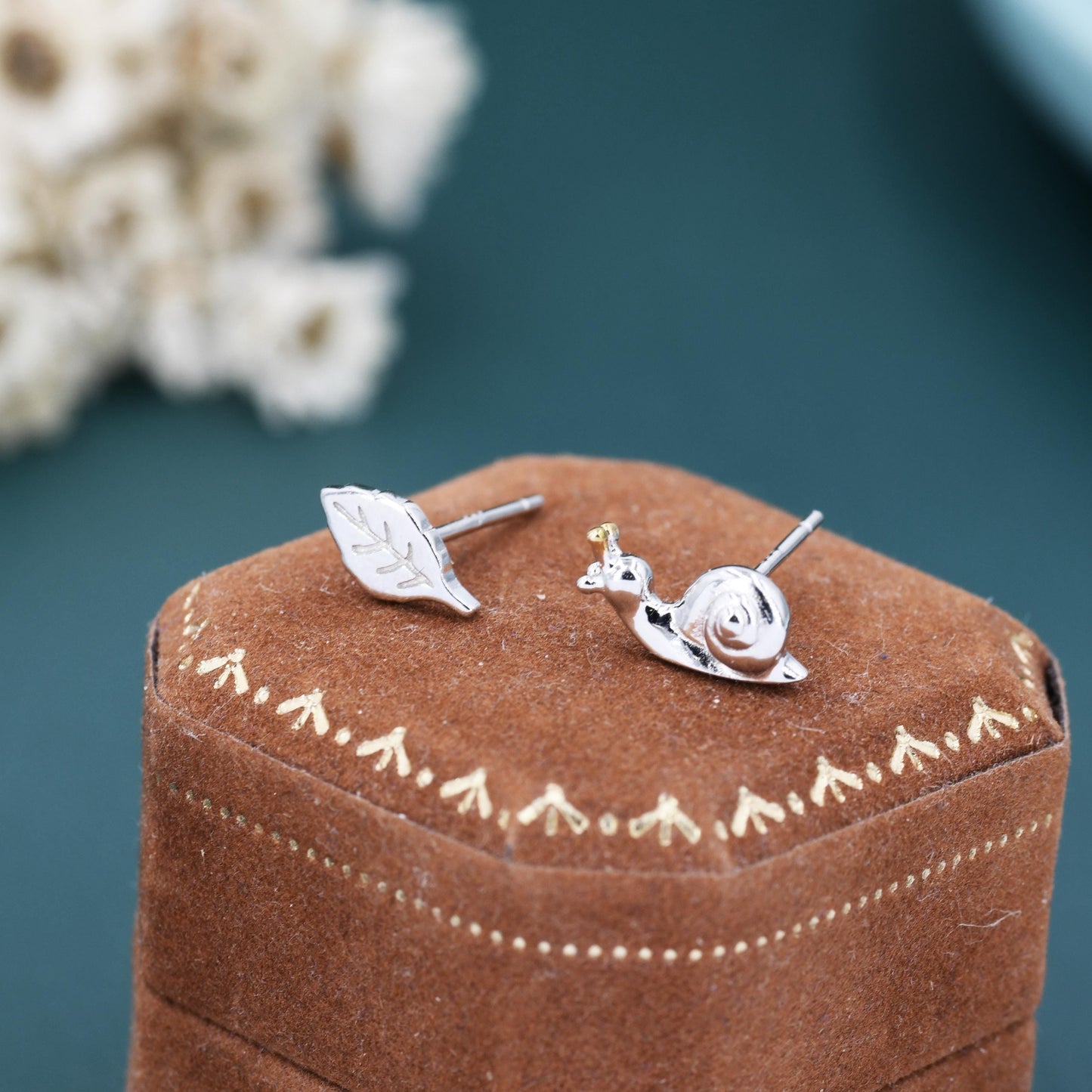 Mismatched Snail and Leaf Stud Earrings in Sterling Silver, Asymmetric Tiny Leaf and Snail Nature Inspired Animal Earrings