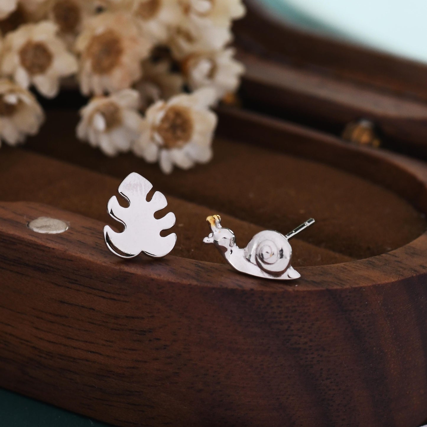 Mismatched Snail and Monstera Leaf Stud Earrings in Sterling Silver, Asymmetric Monstera Leaf and Snail Nature Inspired Animal Earrings