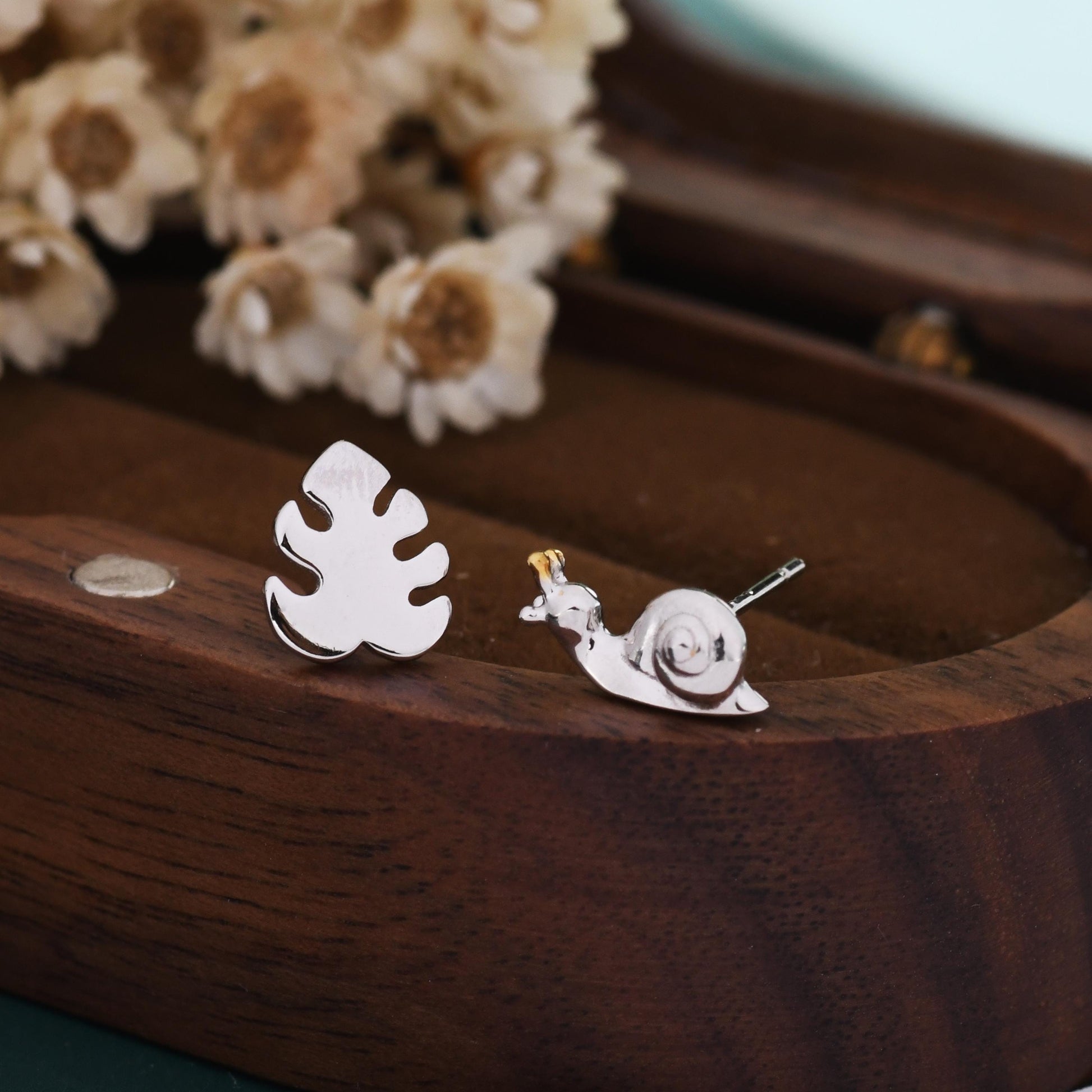 Mismatched Snail and Monstera Leaf Stud Earrings in Sterling Silver, Asymmetric Monstera Leaf and Snail Nature Inspired Animal Earrings