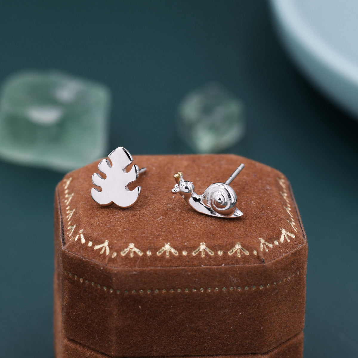 Mismatched Snail and Monstera Leaf Stud Earrings in Sterling Silver, Asymmetric Monstera Leaf and Snail Nature Inspired Animal Earrings