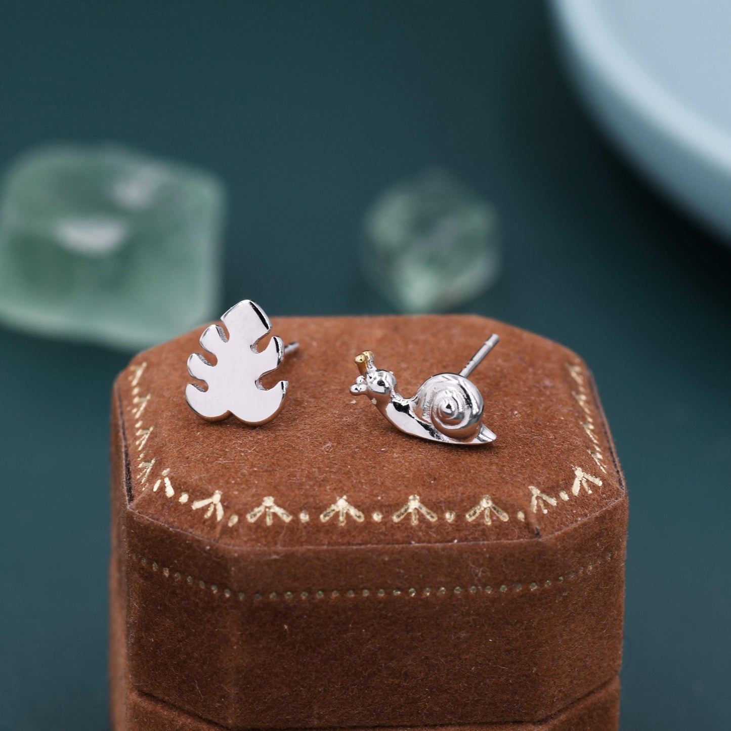 Mismatched Snail and Monstera Leaf Stud Earrings in Sterling Silver, Asymmetric Monstera Leaf and Snail Nature Inspired Animal Earrings