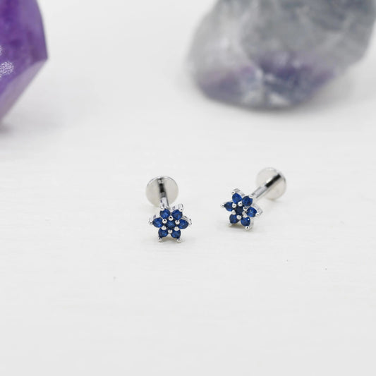 Extra Tiny Sapphire Blue CZ Flower Internally Threaded Flat Back / Stud Earrings in Sterling Silver, Silver or Gold or Rose Gold