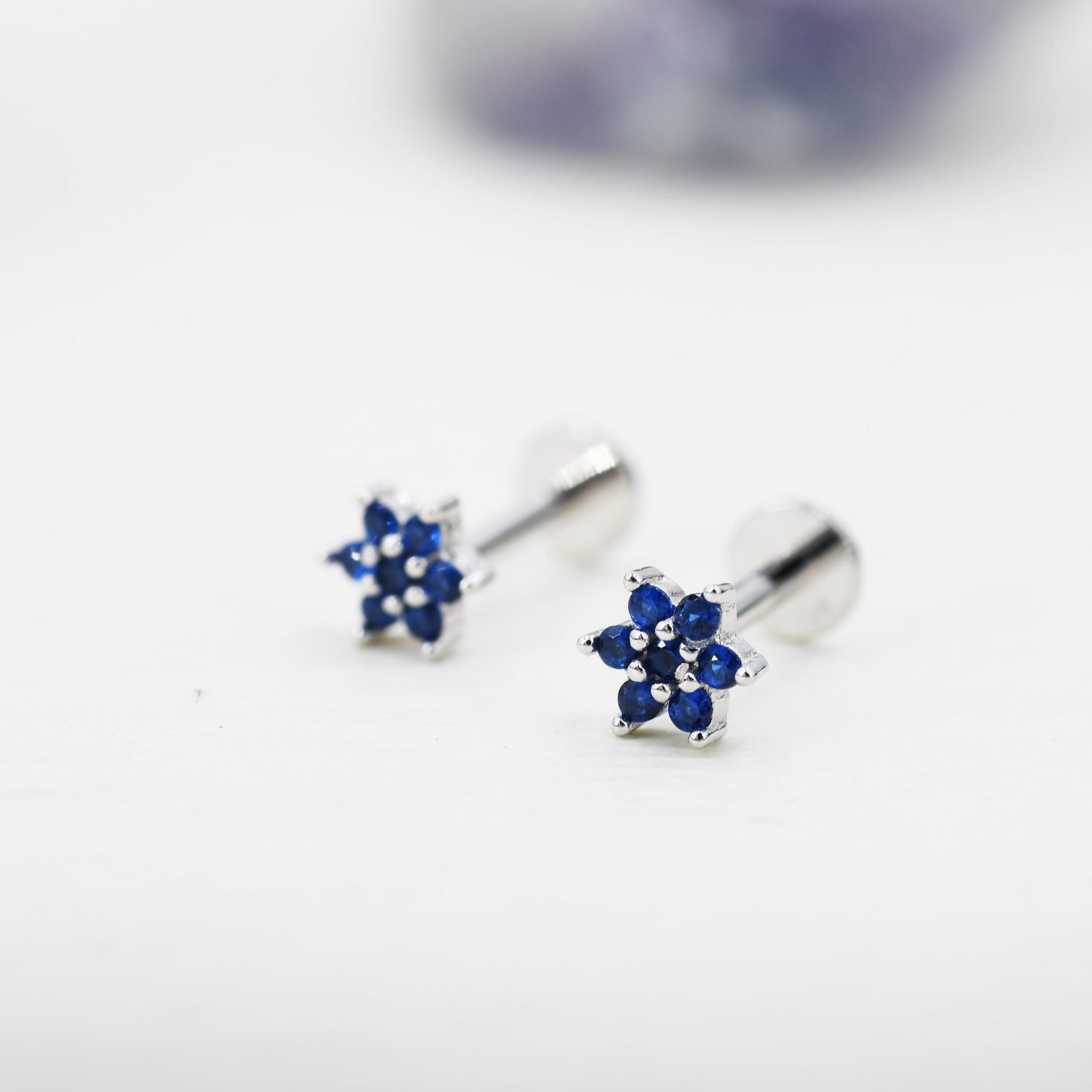 Extra Tiny Sapphire Blue CZ Flower 16G Internally Threaded Flat Back Earrings in Sterling Silver