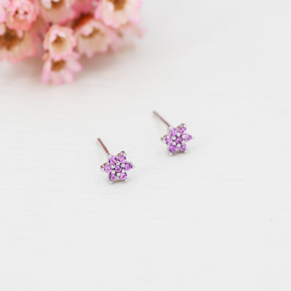 Pair of Very Tiny Pink CZ Flower Stud Earrings in Sterling Silver, Silver or Gold, Crystal Flower Earrings, Stacking Earrings, Snowflake