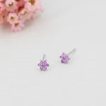 Pair of Very Tiny Pink CZ Flower Stud Earrings in Sterling Silver, Silver or Gold, Crystal Flower Earrings, Stacking Earrings, Snowflake