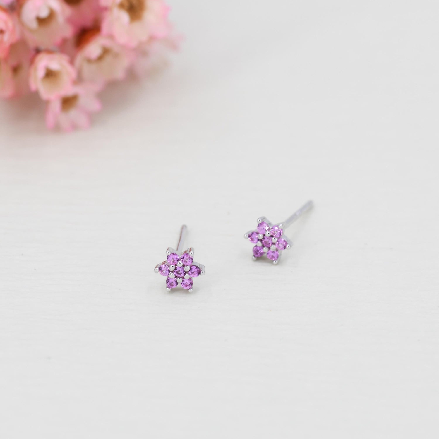 Pair of Very Tiny Pink CZ Flower Stud Earrings in Sterling Silver, Silver or Gold, Crystal Flower Earrings, Stacking Earrings, Snowflake