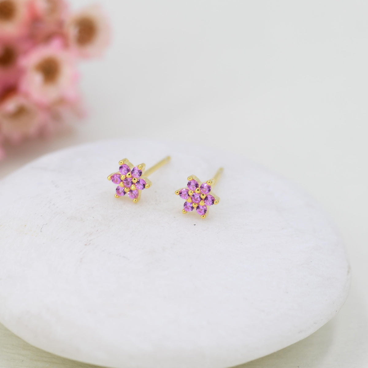 Pair of Very Tiny Pink CZ Flower Stud Earrings in Sterling Silver, Silver or Gold, Crystal Flower Earrings, Stacking Earrings, Snowflake