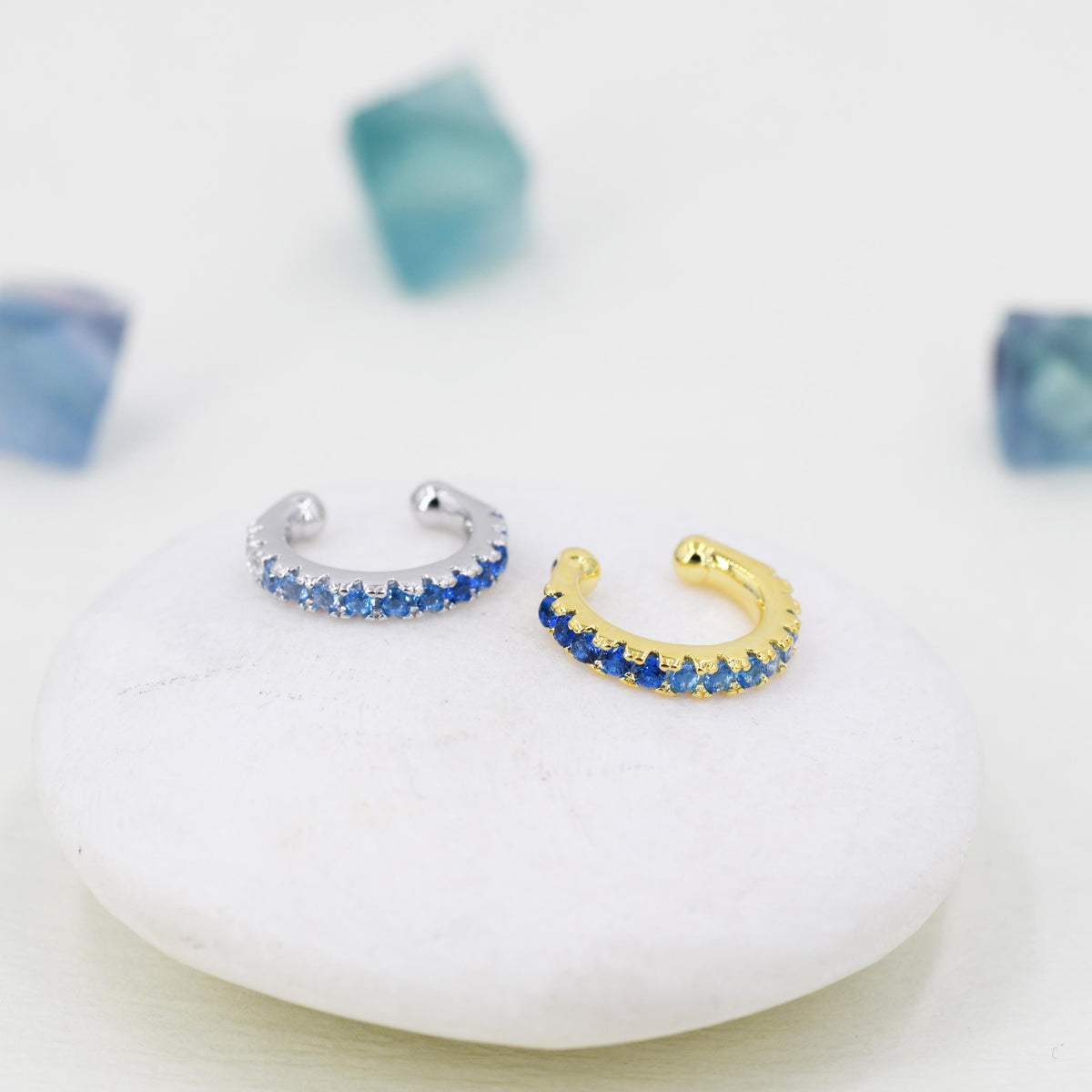 Sapphire Blue Ombre CZ Ear Cuff in Sterling Silver, Silver or Gold, Simple Piercing Free Earrings, Minimalist Ear Cuff, Blue CZ Ear Cuff