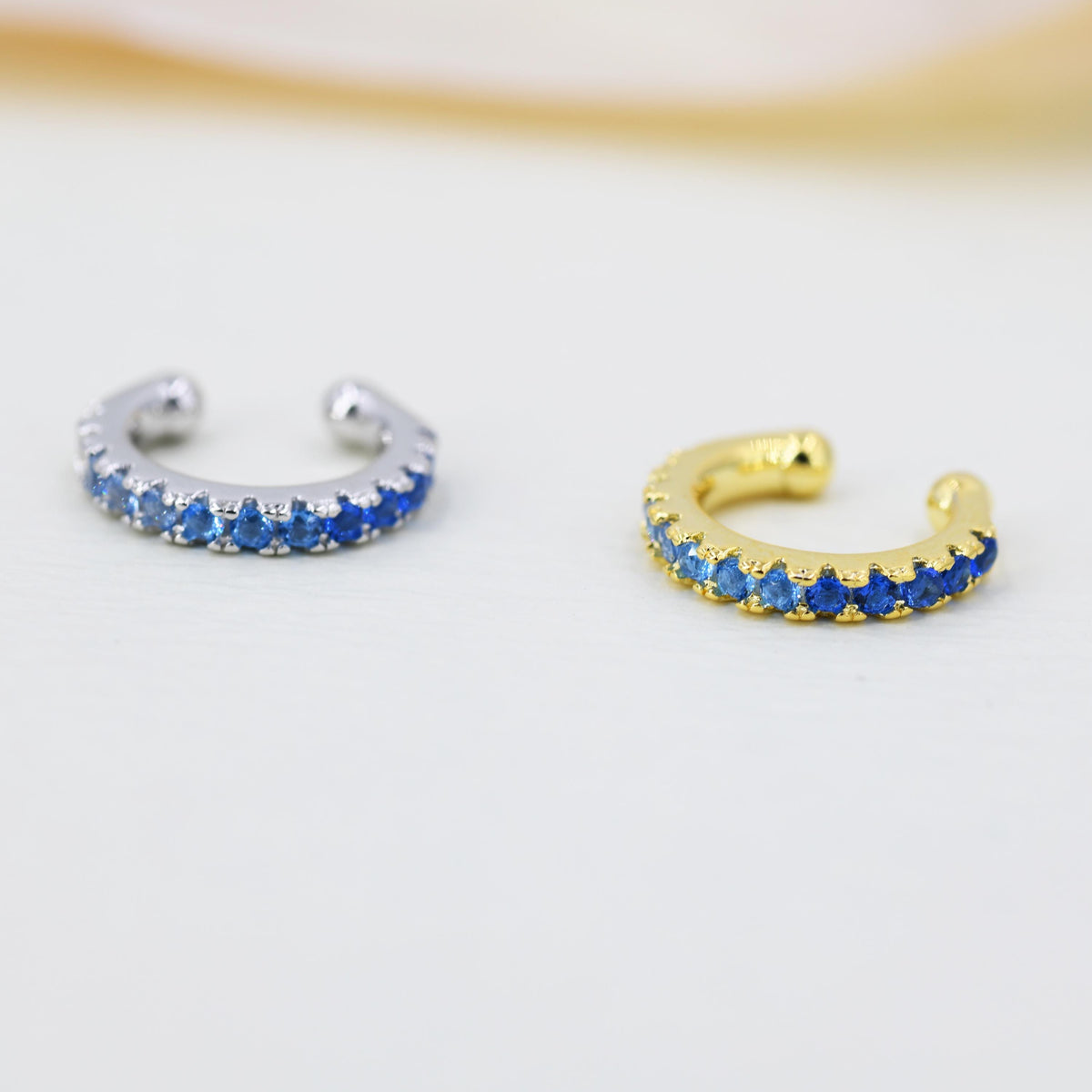 Sapphire Blue Ombre CZ Ear Cuff in Sterling Silver, Silver or Gold, Simple Piercing Free Earrings, Minimalist Ear Cuff, Blue CZ Ear Cuff