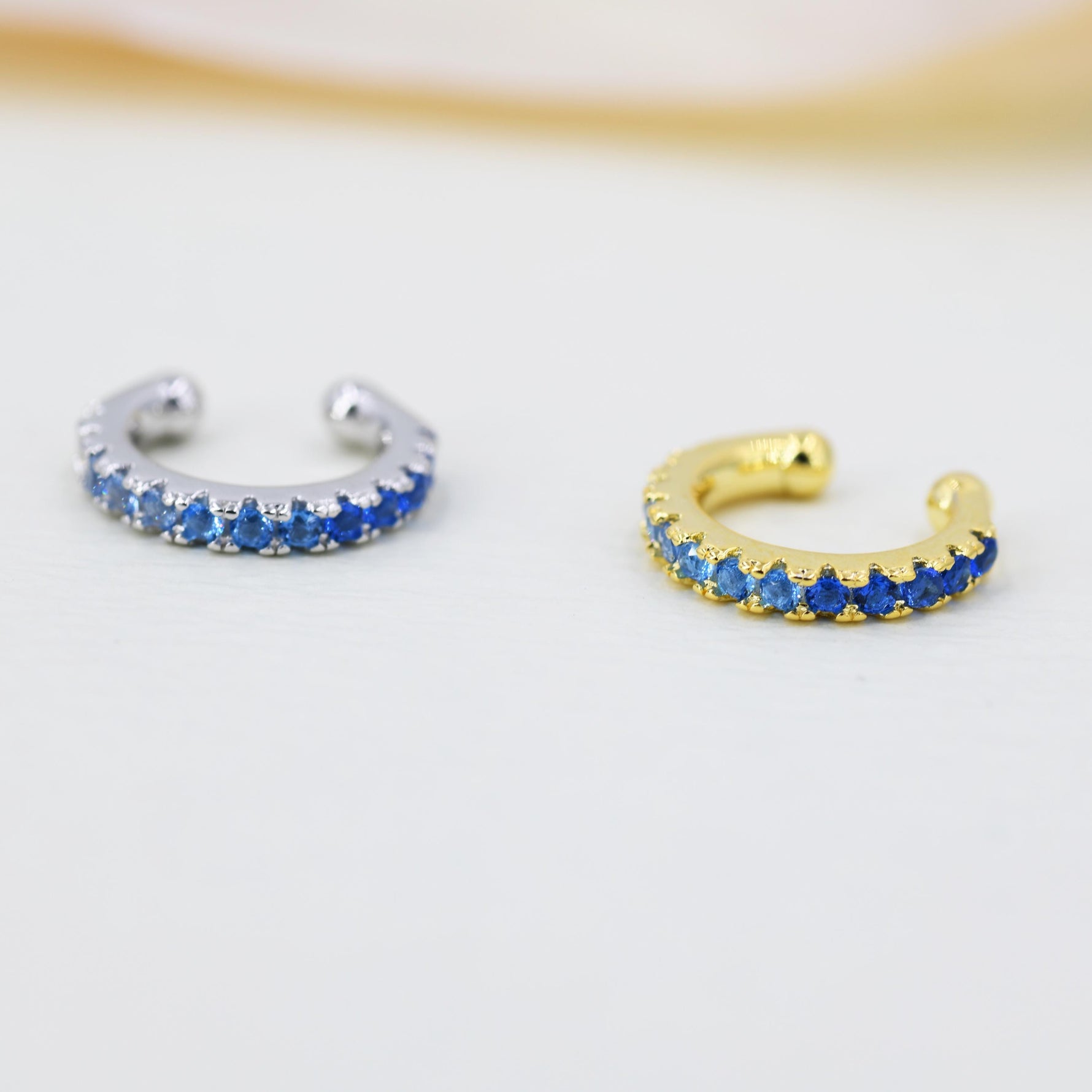 Sapphire Blue Ombre CZ Ear Cuff in Sterling Silver, Silver or Gold, Simple Piercing Free Earrings, Minimalist Ear Cuff, Blue CZ Ear Cuff