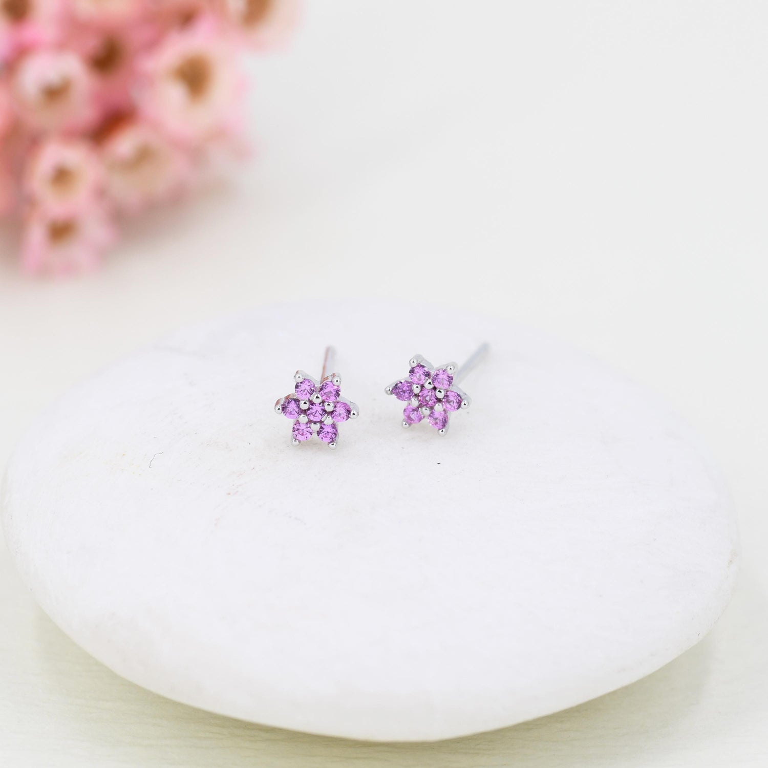 Pair of Very Tiny Pink CZ Flower Stud Earrings in Sterling Silver, Silver or Gold, Crystal Flower Earrings, Stacking Earrings, Snowflake