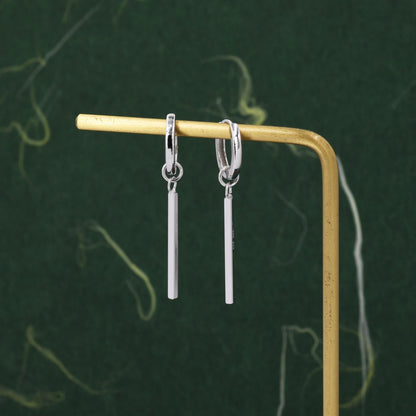 Sterling Silver Long Bars Huggie Hoop Earrings, 8mm Hoops with Detachable Bars, Bar Earrings, Bar Dangle Hoops, Bar Earrings