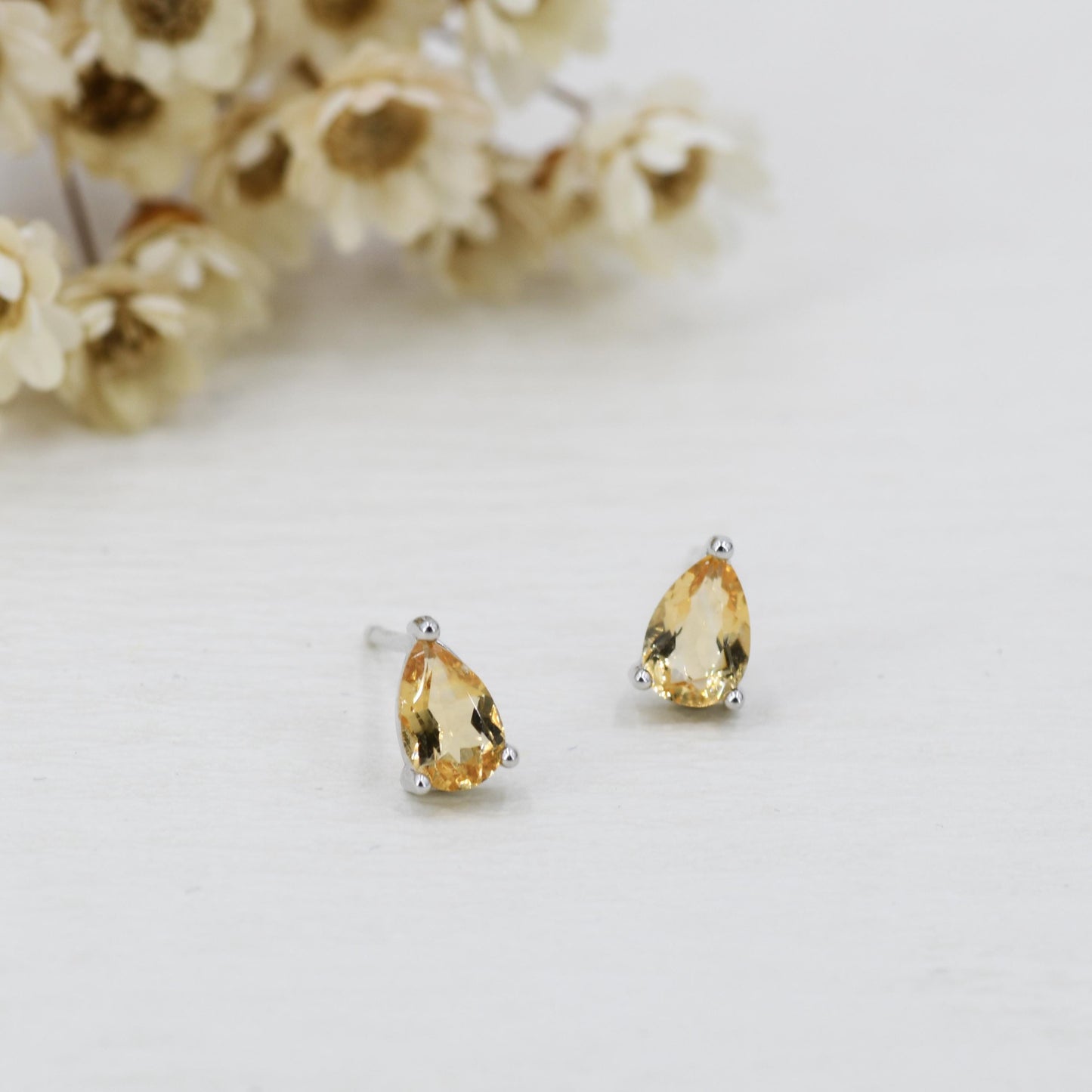 Genuine Citrine Crystal Droplet Stud Earrings in Sterling Silver, 4x6mm Natural Yellow Citrine Pear Shape Stud Earrings, November Birthstone