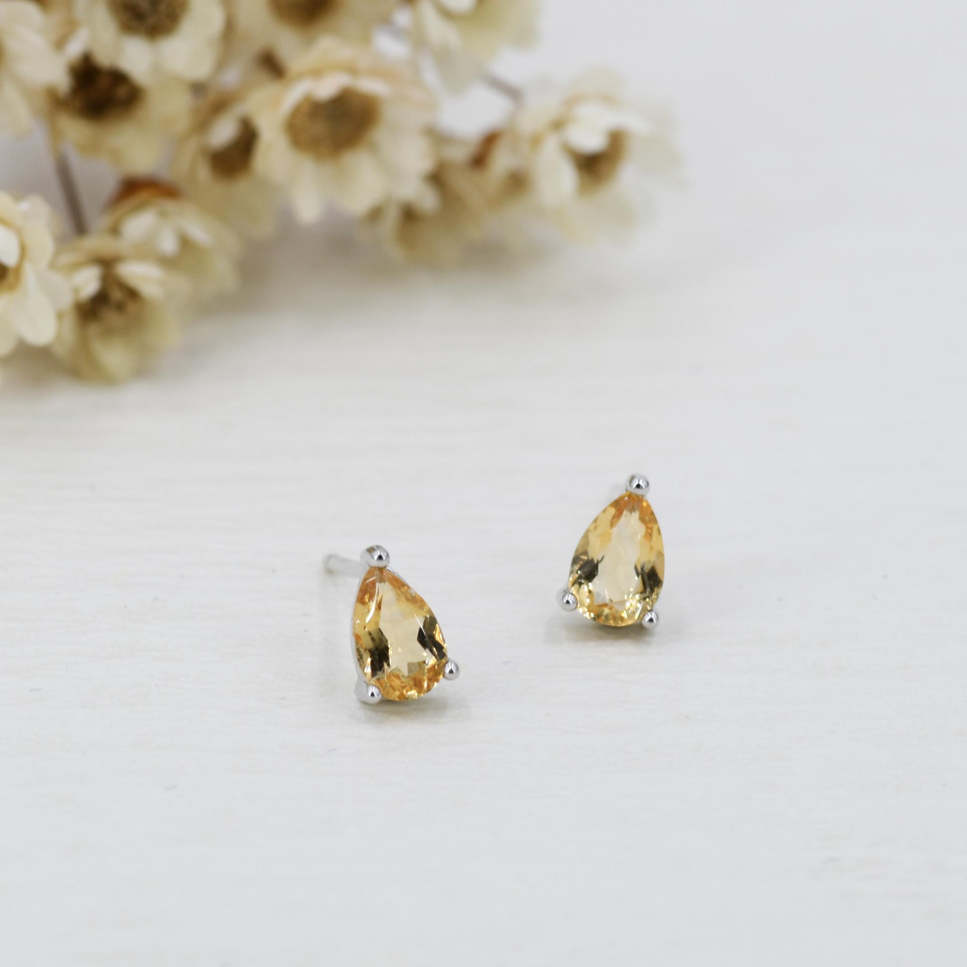 Genuine Citrine Crystal Droplet Stud Earrings in Sterling Silver, 4x6mm Natural Yellow Citrine Pear Shape Stud Earrings, November Birthstone