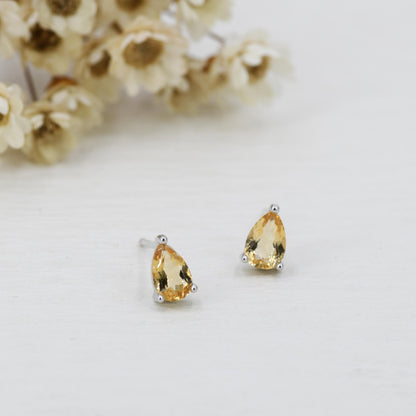 Genuine Citrine Crystal Droplet Stud Earrings in Sterling Silver, 4x6mm Natural Yellow Citrine Pear Shape Stud Earrings, November Birthstone