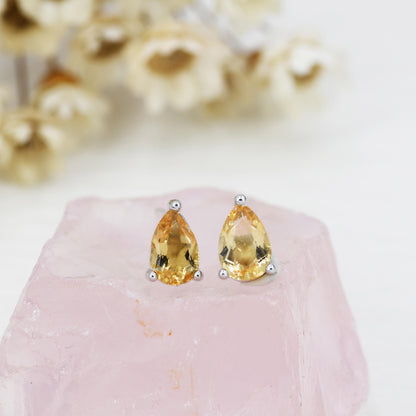 Genuine Citrine Crystal Droplet Stud Earrings in Sterling Silver, 4x6mm Natural Yellow Citrine Pear Shape Stud Earrings, November Birthstone