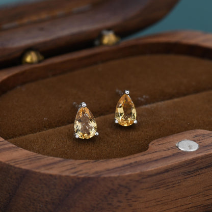 Genuine Citrine Crystal Droplet Stud Earrings in Sterling Silver, 4x6mm Natural Yellow Citrine Pear Shape Stud Earrings, November Birthstone