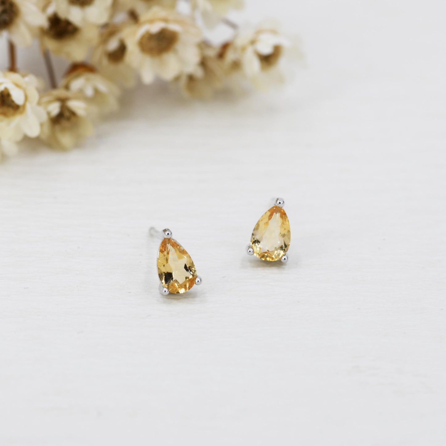 Genuine Citrine Crystal Droplet Stud Earrings in Sterling Silver, 4x6mm Natural Yellow Citrine Pear Shape Stud Earrings, November Birthstone