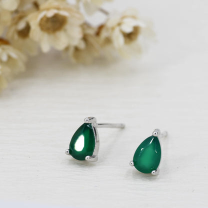 Genuine Green Onyx Droplet Stud Earrings in Sterling Silver, 4x6 mm Green Onyx Crystal Earrings, Natural Onyx Pear Cut Earrings