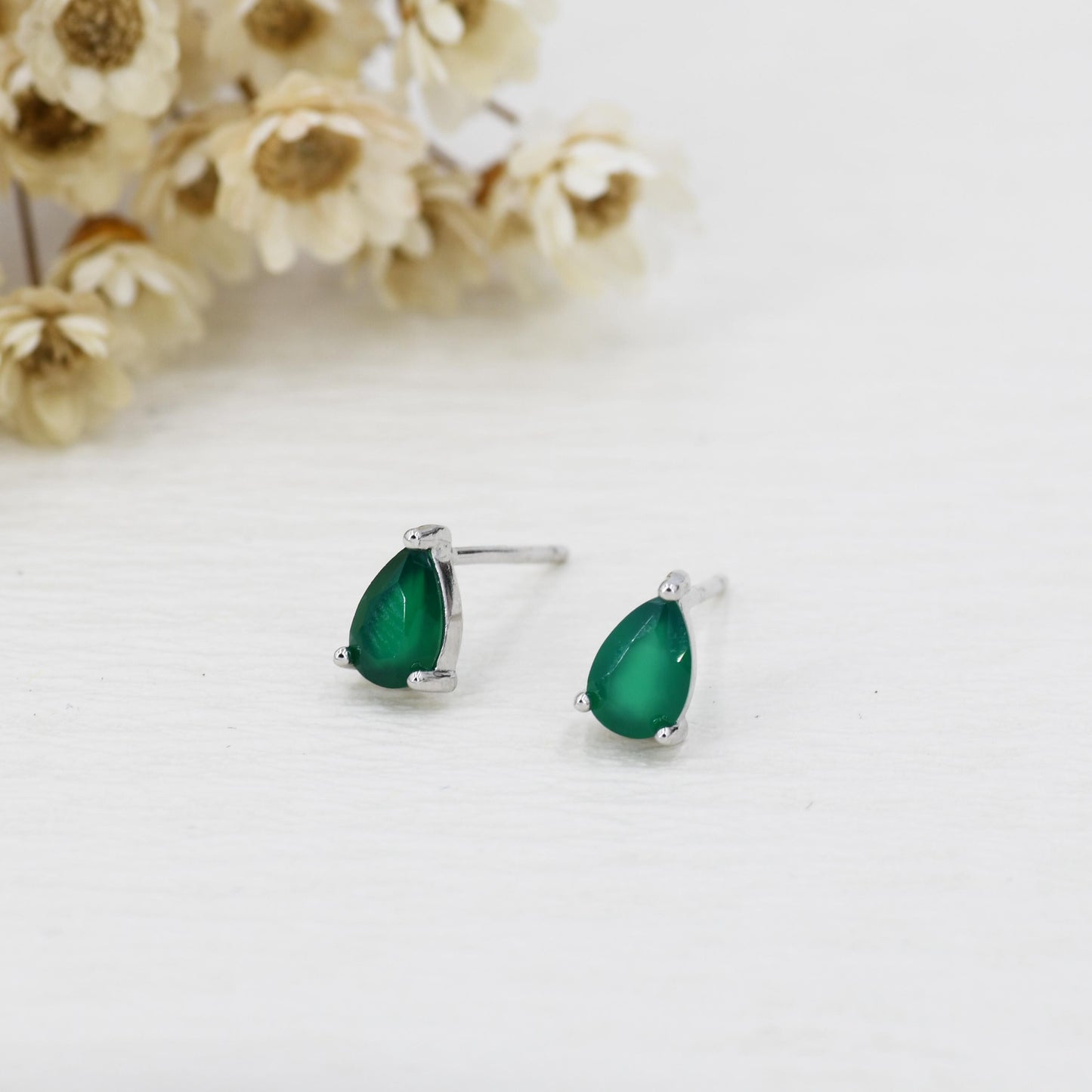 Genuine Green Onyx Droplet Stud Earrings in Sterling Silver, 4x6 mm Green Onyx Crystal Earrings, Natural Onyx Pear Cut Earrings