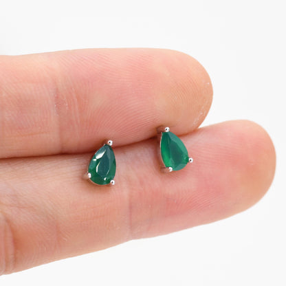 Genuine Green Onyx Droplet Stud Earrings in Sterling Silver, 4x6 mm Green Onyx Crystal Earrings, Natural Onyx Pear Cut Earrings