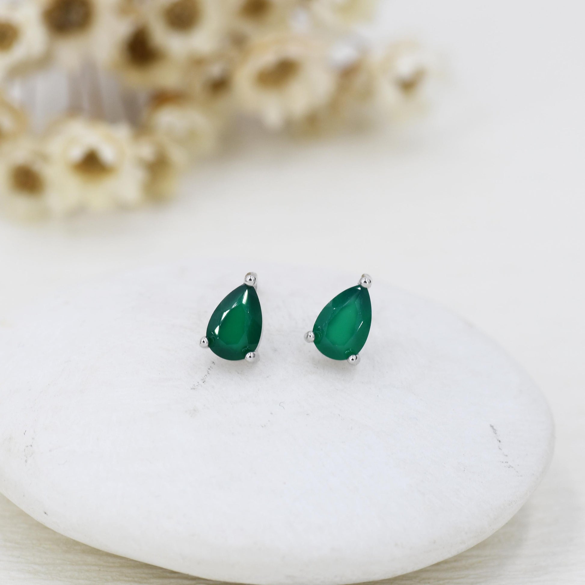 Genuine Green Onyx Droplet Stud Earrings in Sterling Silver, 4x6 mm Green Onyx Crystal Earrings, Natural Onyx Pear Cut Earrings
