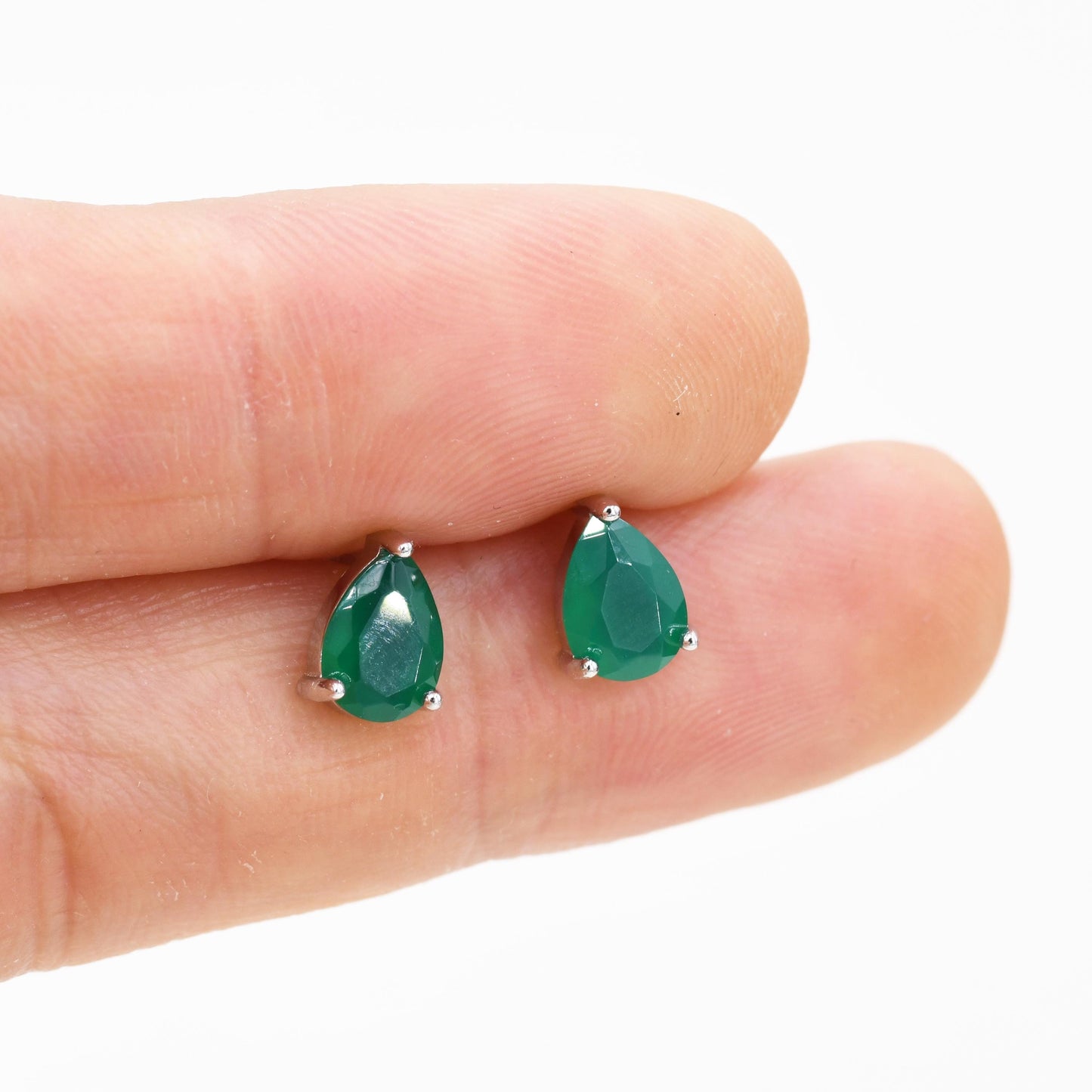 Genuine Green Onyx Droplet Stud Earrings in Sterling Silver,5x7mm Green Onyx Crystal Earrings, Natural Onyx Pear Cut Earrings